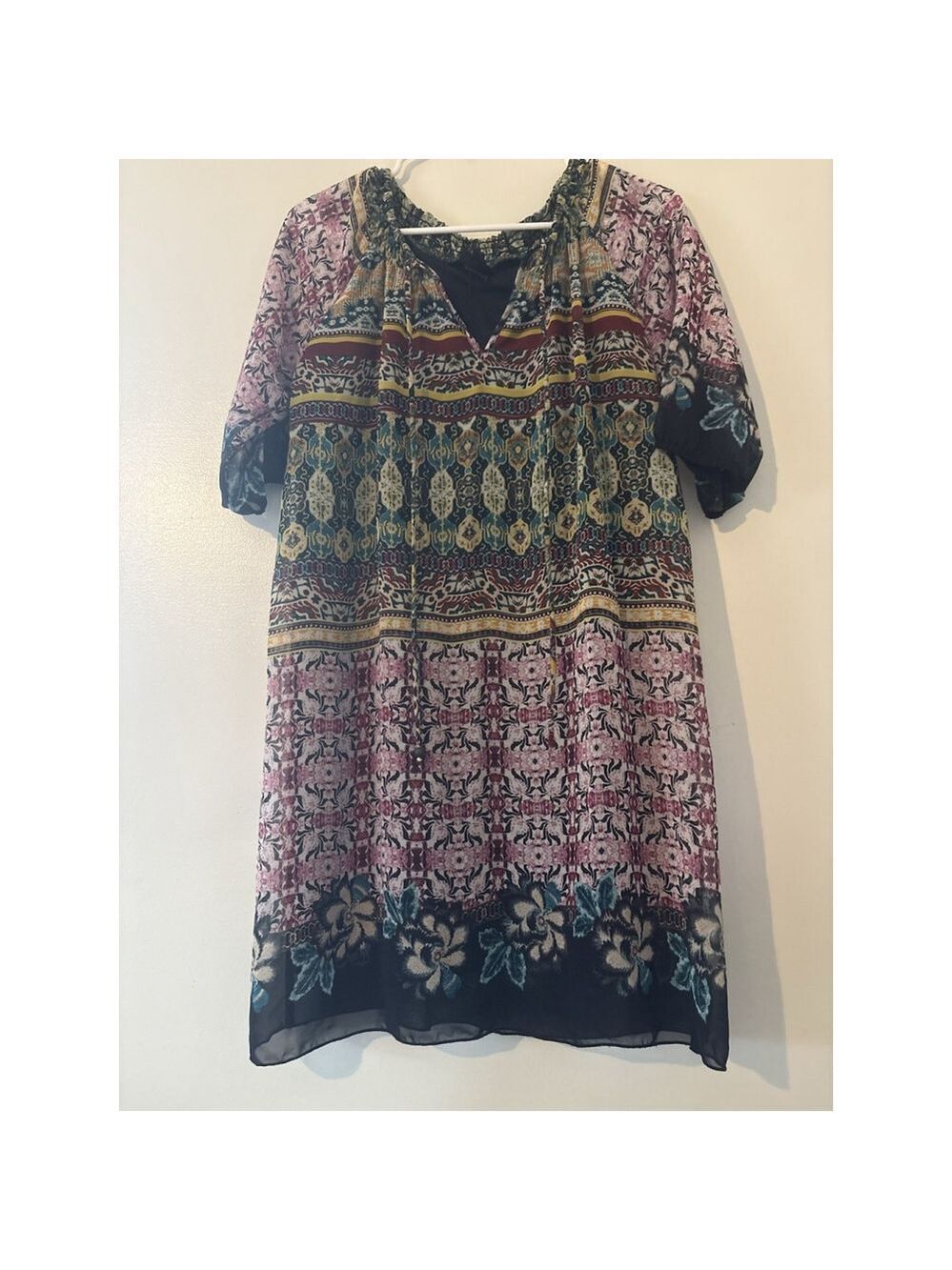 En Focus Petite 10P Dress Boho Patchwork Tribal Print Shift Mini Chiffon Floral